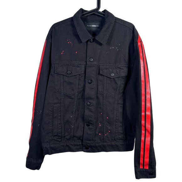 Fashion Nova VANCE Men Black Denim Jacket Red Striped Sleeves Splatter Large NWT - Picture 1 of 7